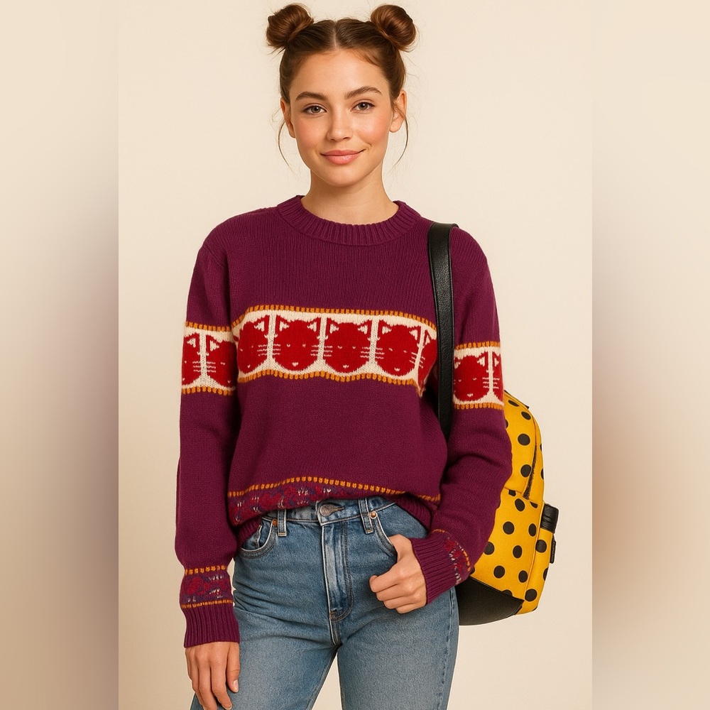 Vintage Mi Hi Purple Sweater with Red Cat Pattern – Made in Taiwan – Size M